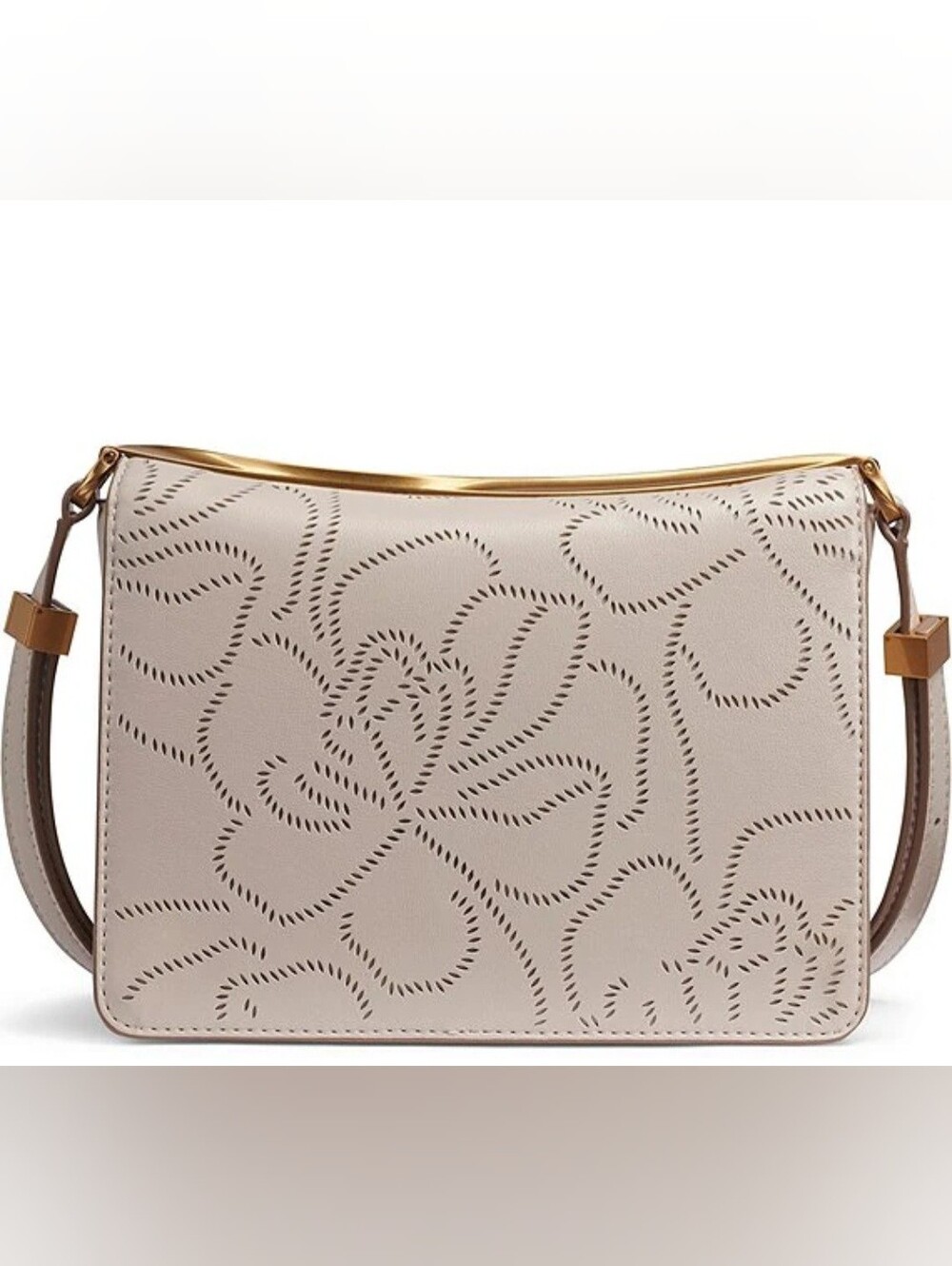 Donna Karan Cream Floral Laser-Cut Crossbody with Gold Trim